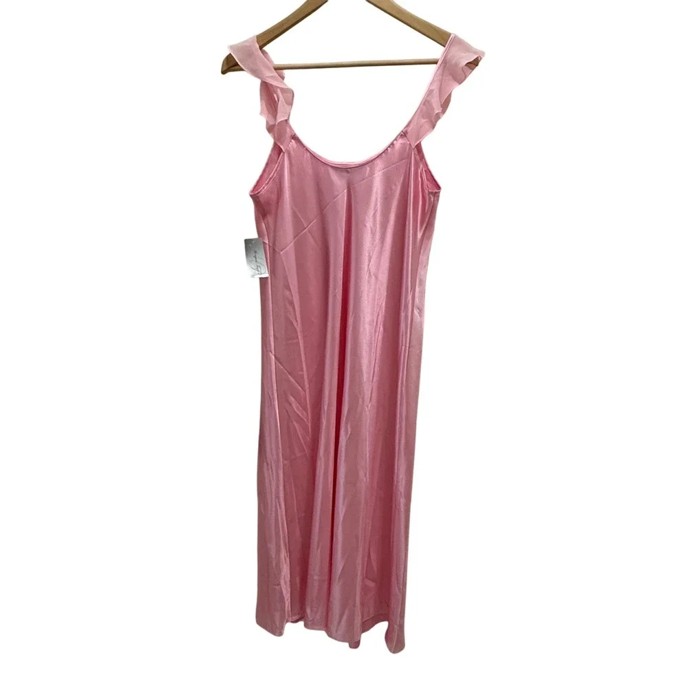 Morgan Taylor Pink Satin Ruffle Nightgown Maxi Slip Dress‎ Womens Medium